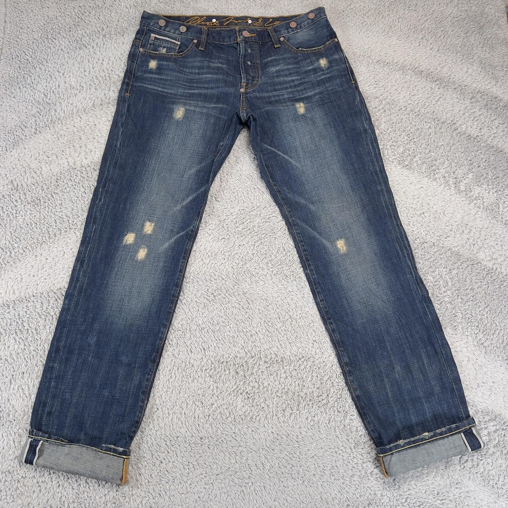 Cinch Back Selvedge Jeans Mens 32 Button Fly Suspender Buttons‎ Distressed Blue